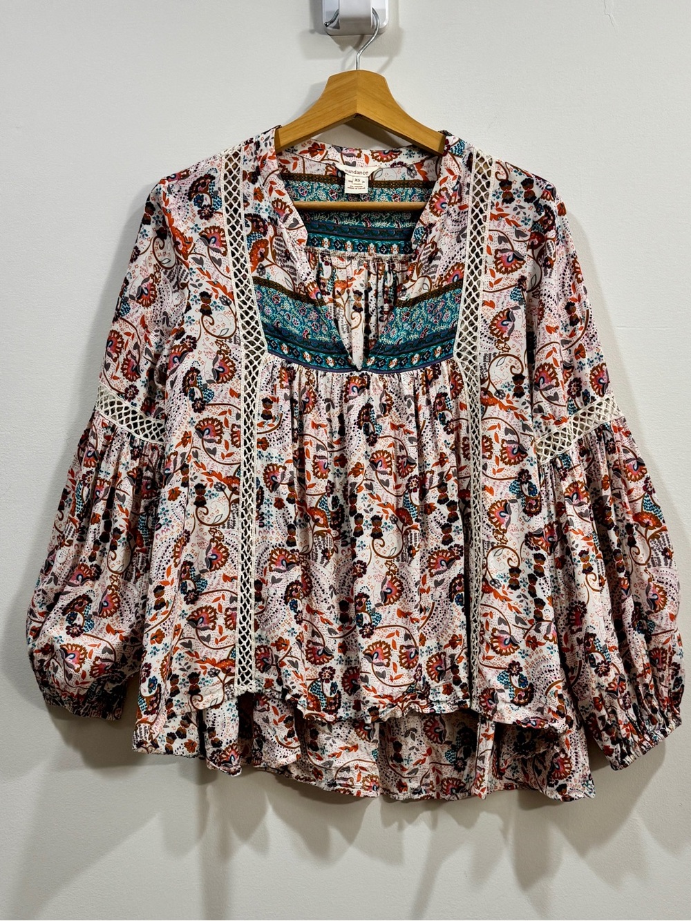 Sundance Boho Floral Paisley Peasant Blouse XS Crochet Lace Balloon Sleeve Tunic